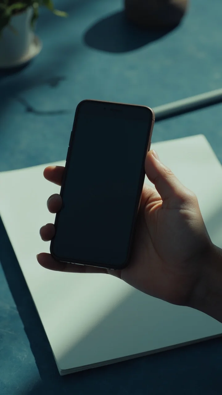 Adult hand holding a phone showing a rummy app interface, wood desk background.
