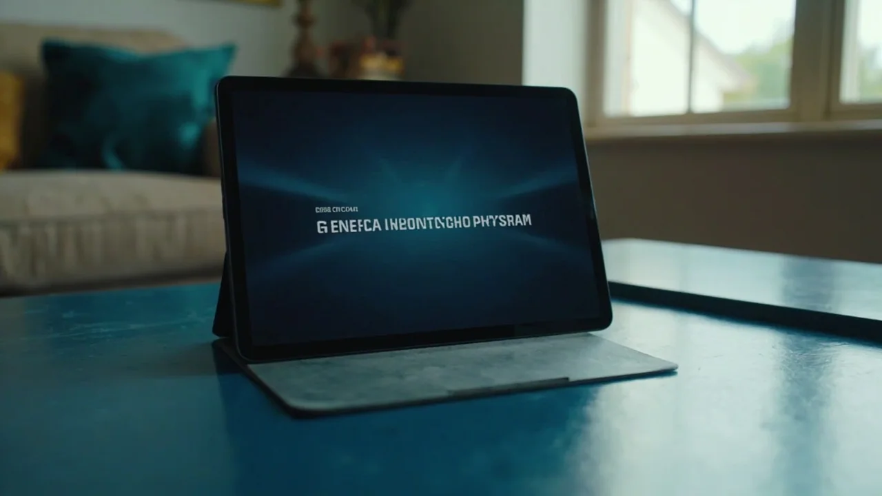 Tablet on a stand on a coffee table, rummy game interface visible.