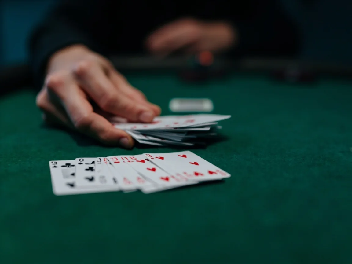 Close-up of fanned playing cards on green felt.