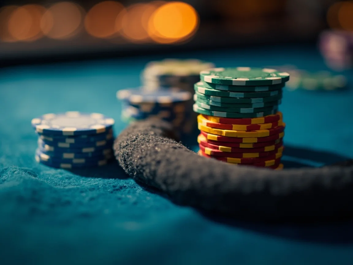 Two adults at a card table, one with a neutral expression reviewing their hand beside a stack of ivory chips.