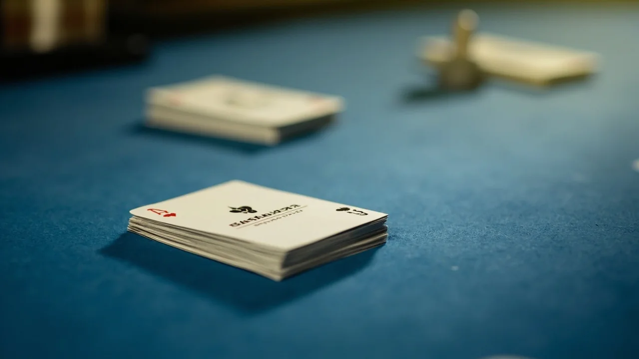 Editorial shot of a rummy tournament hall, multiple tables in soft focus.