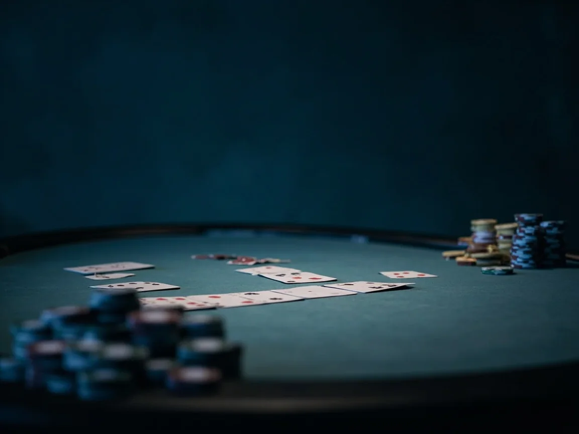 Hands dealing 13 cards to players around a rummy table in a card room.